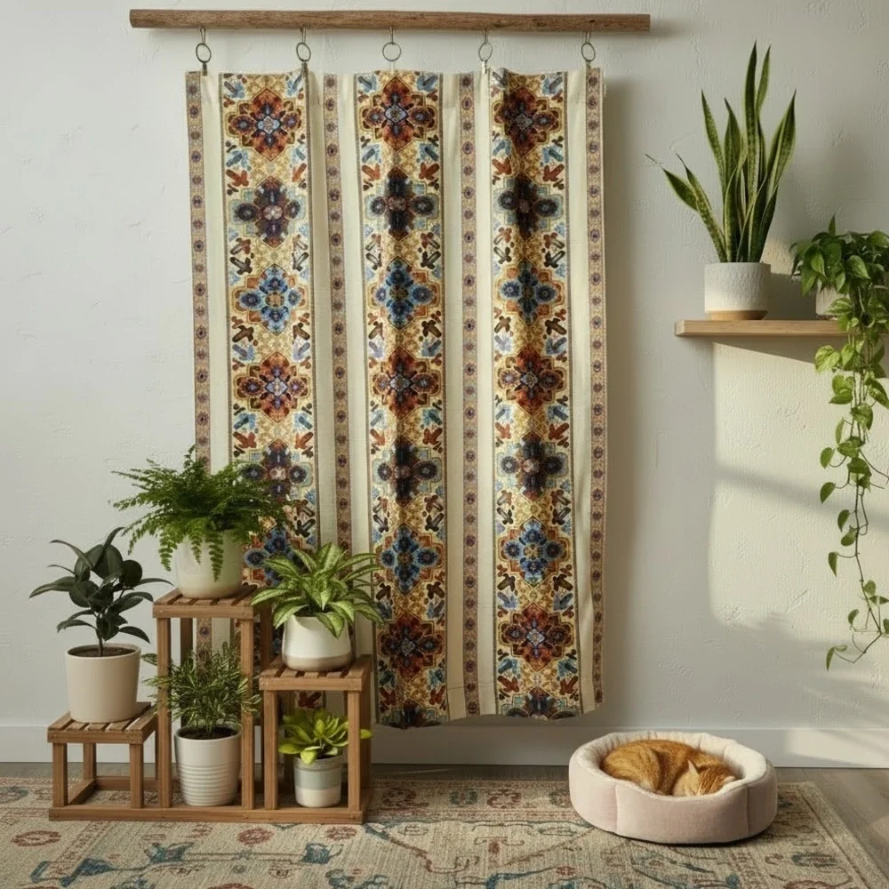 Vintage Southwestern Geometric Curtain Panel Earth Tone Boho 1960s Mod Aesthetic